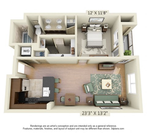 Floor plan for 1 bed, 1 bath, 890 sqft
